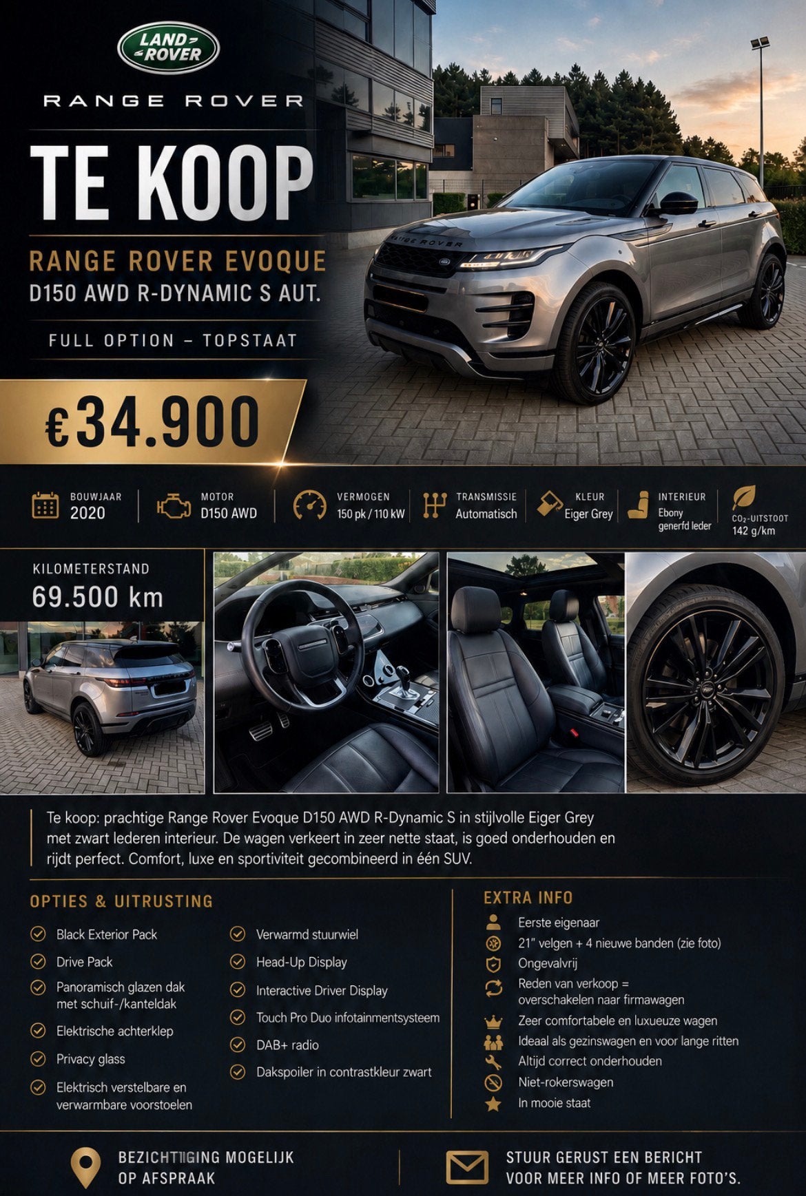 Range Rover Evoque D150 – Full option – Topstaat, Auto's, Land Rover, Automaat, Parkeersensor, Leder, Particulier