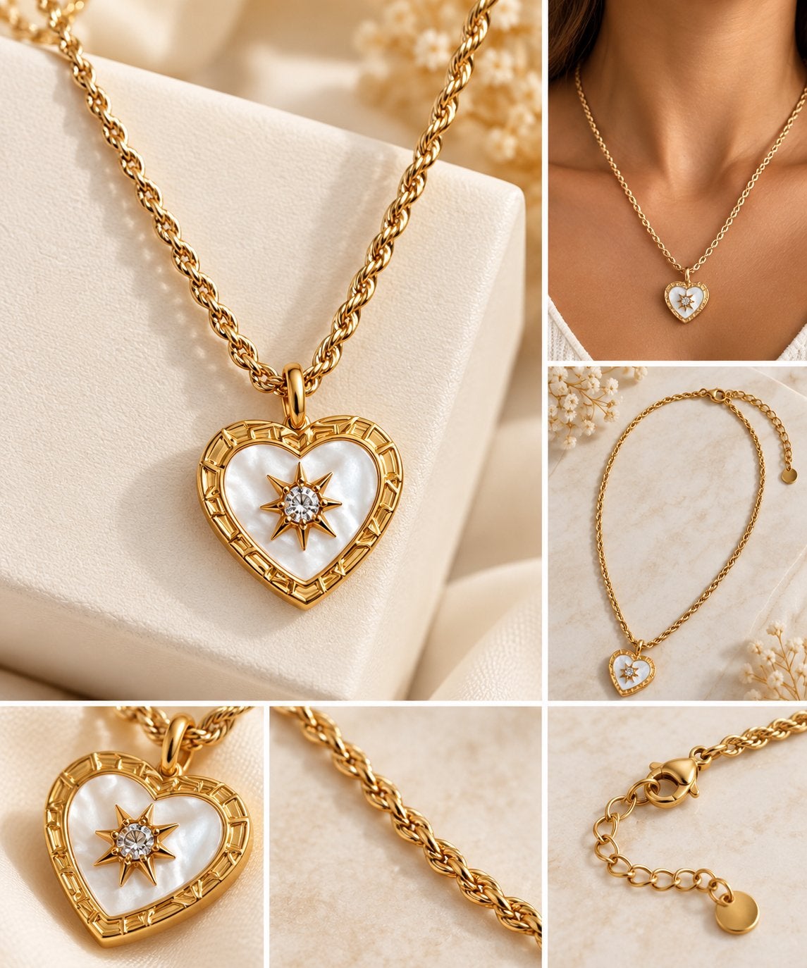 Collier cœur nacré doré en acier inoxydable, Neuf, Avec pendentif, Or, Autres matériaux