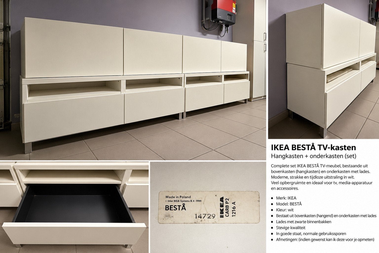 IKEA BESTÅ TV-meubel met hangkasten en onderkasten, wit, Enlèvement, Comme neuf