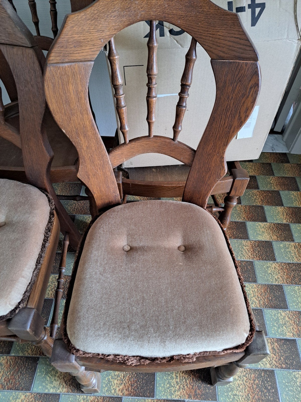 6 houten stoelen met 6 kussens, Huis en Inrichting, Ophalen, Gebruikt, Bruin, Vijf, Zes of meer stoelen