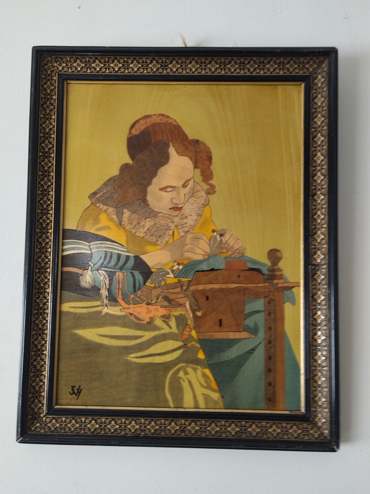 Tableau Vintage Bois La Dentellière Vermeer 51x40cm, Portrait ou Personnes, Enlèvement ou Envoi, Signé, Autres techniques