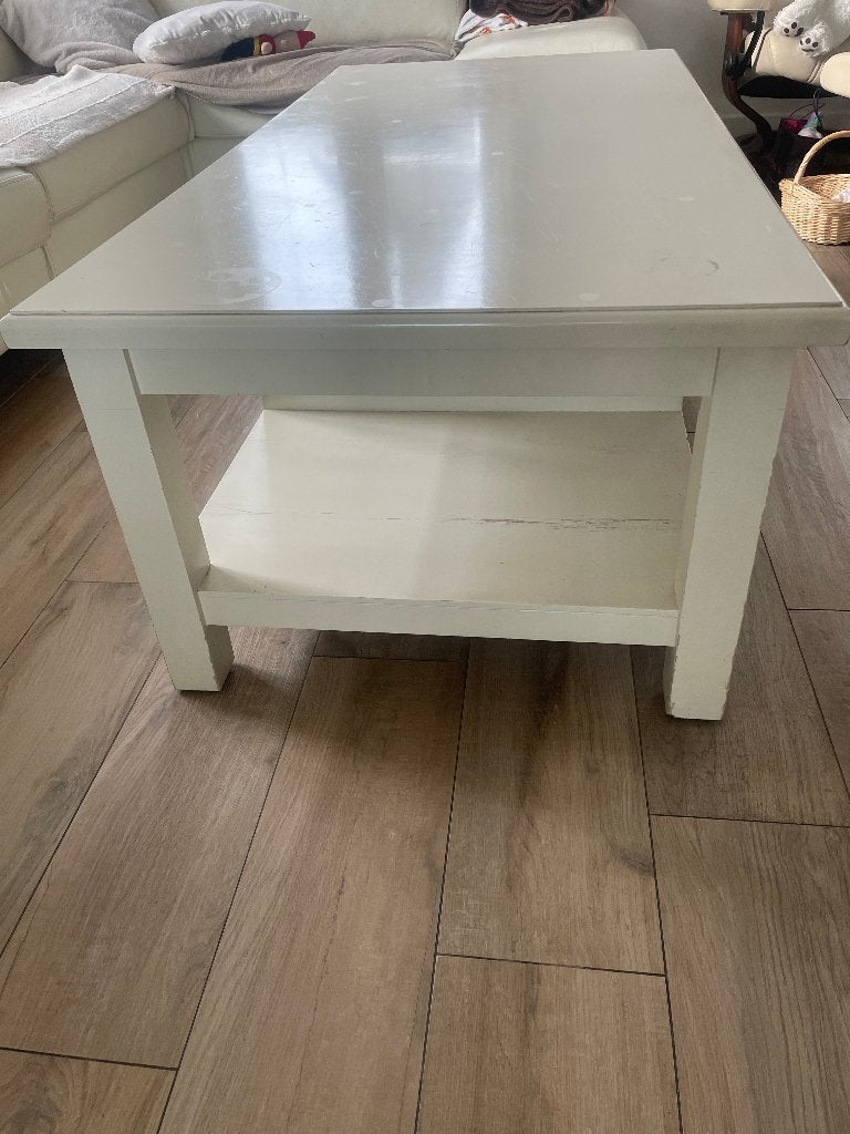 Witte salontafel met opbergvakken – 140 x 70 cm, Ophalen, Gebruikt, 100 tot 150 cm, 50 tot 100 cm