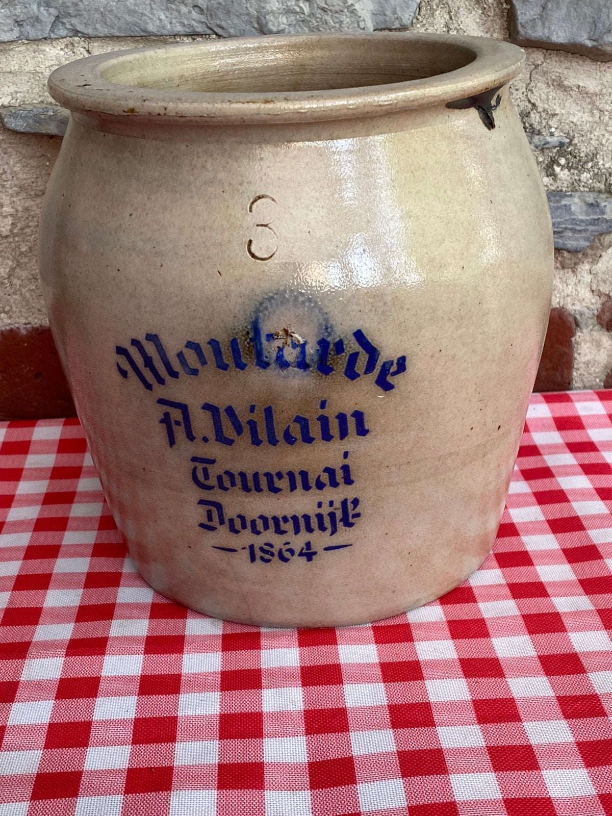 Oude mosterdpot omgezet in steengoed in originele staat, Ophalen of Verzenden