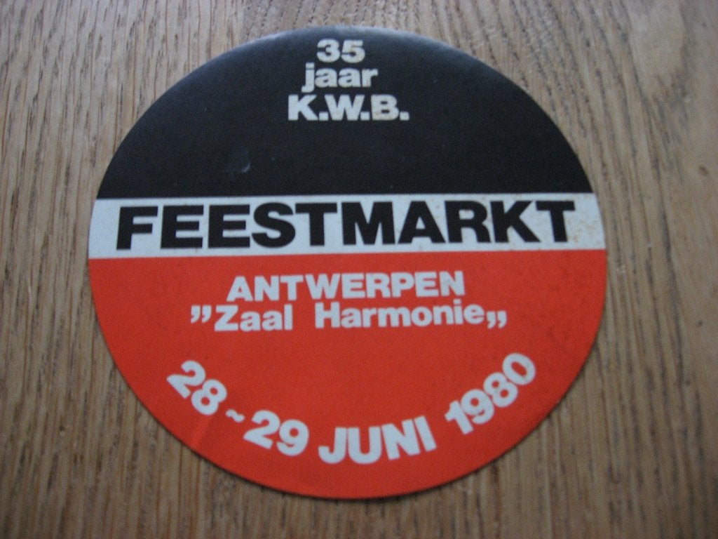 Sticker 35 j KWB Feestmarkt Antwerpen Zaal Harmonie 1980, Ophalen of Verzenden, Nieuw, Overige typen