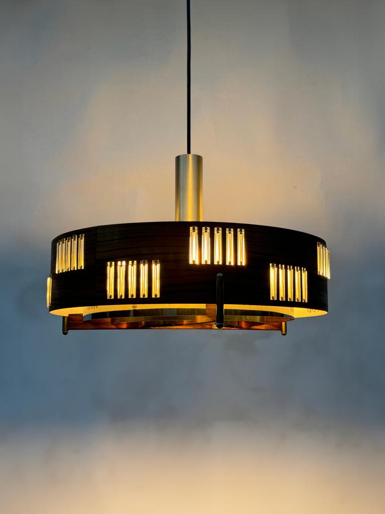Mid Century Modern UFO Teak Space Age Hanglamp Deens Design, Gebruikt, 50 tot 75 cm, Ophalen of Verzenden, Space Age Mid Century Modern