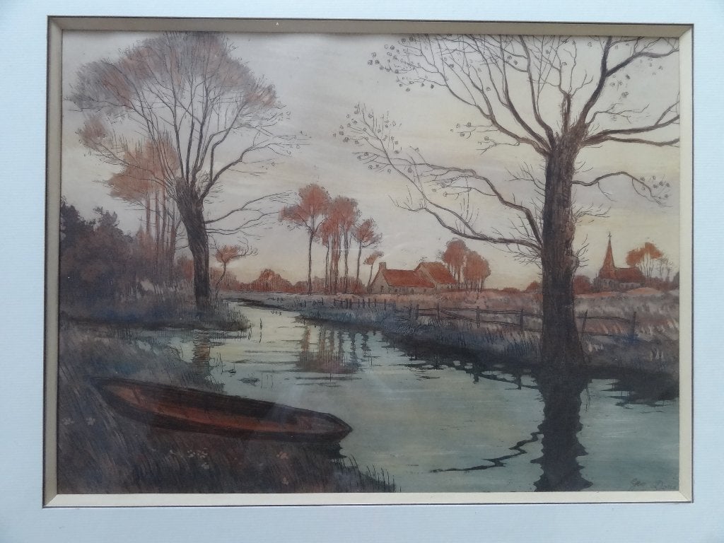 Landschap met riviertje, bomen, kerk, roeiboot, gesigneerd, Verzenden, Landschap, Klassiek, Overige technieken