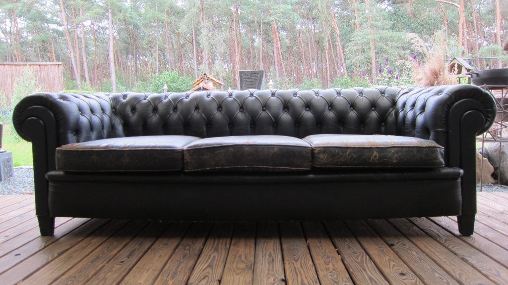 Orginele Chesterfield 3-zits bank zwart- vintage - echt leer, Huis en Inrichting, Zetels | Zetels, Ophalen, Gebruikt, Driepersoons