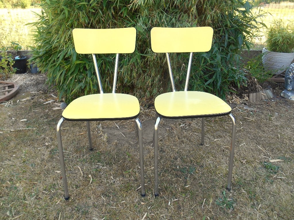Vintage keukenstoelen met gele formica, Huis en Inrichting, Ophalen, Gebruikt, Twee, Overige kleuren