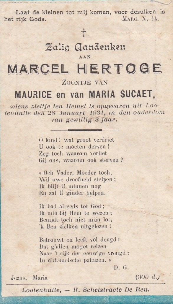 K 9 / B P LOTENHULLE HERTOGE 1931 - 3 JAAR, Verzamelen, Bidprentjes en Rouwkaarten, Ophalen of Verzenden, Bidprentje