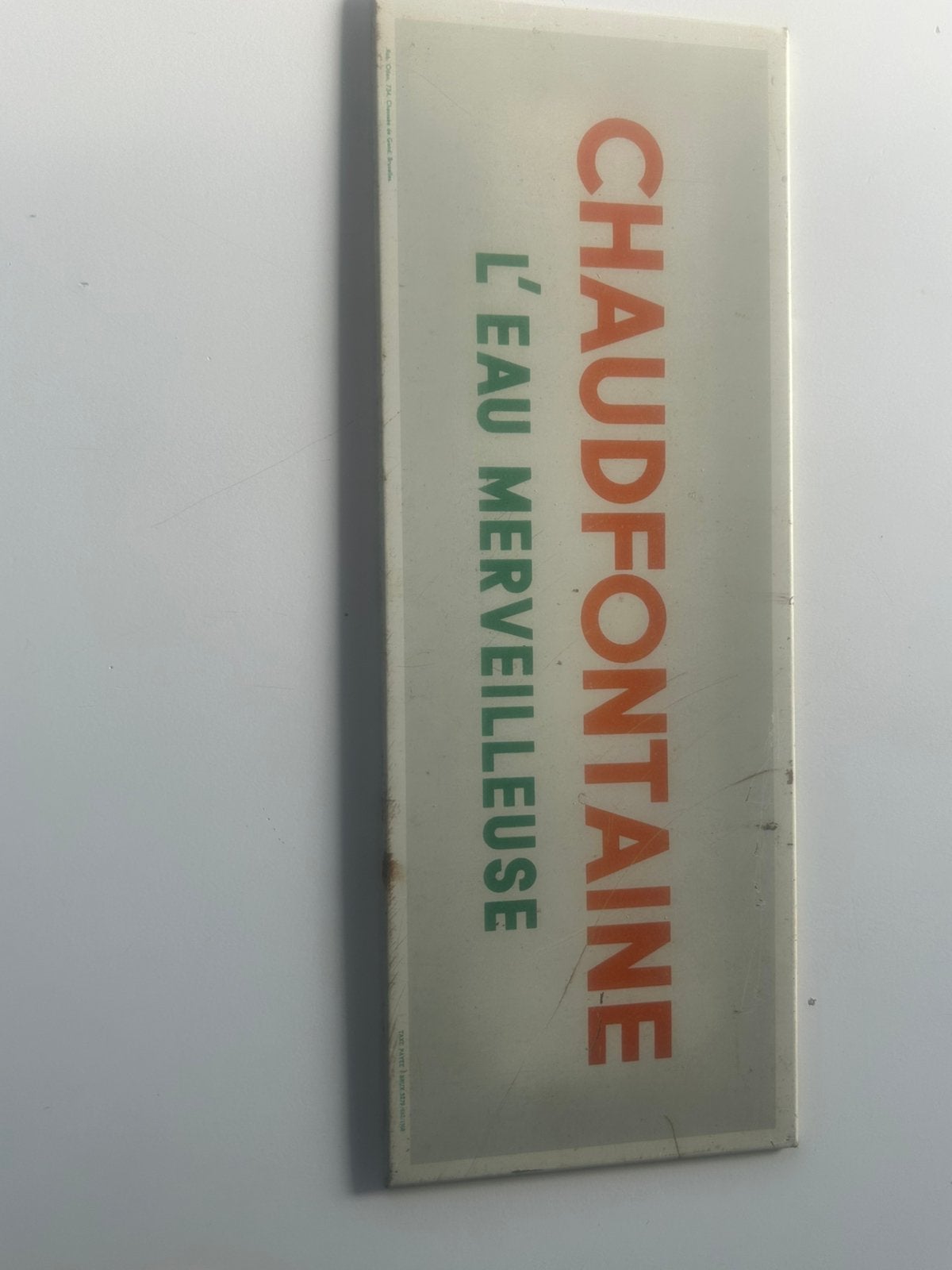 Blikken bord chaudfontaine l’eau merveilleuse 1958, Ophalen, Gebruikt, Reclamebord