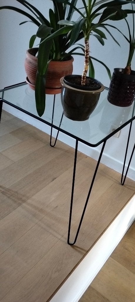 glazen bijzet tafeltje  met zwart metalen onderstel 72x72x73, Enlèvement, Utilisé