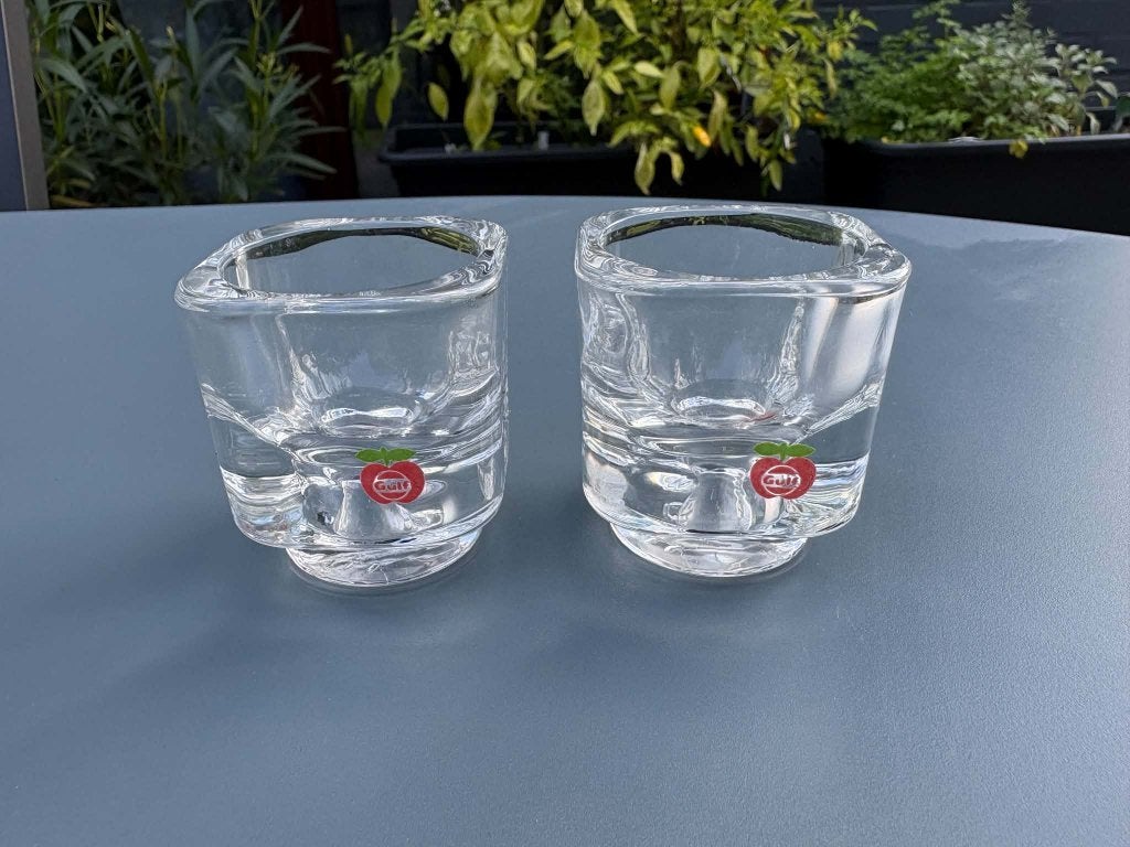Set van 2 vintage GULF 2-in-1 glazen waxinelichthouders (70), Ophalen of Verzenden, Zo goed als nieuw, Glas, Kandelaar