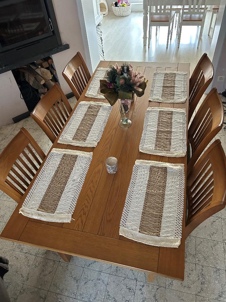 Table et 6 chaises en chêne clair véritable, Ophalen, Eikenhout, 50 tot 100 cm, Zo goed als nieuw