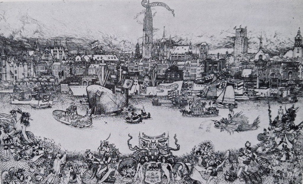 Rene De Coninck Grote ets "Legendarische figuren Antwerpen", Antiek en Kunst, Kunst | Etsen en Gravures, Ophalen of Verzenden