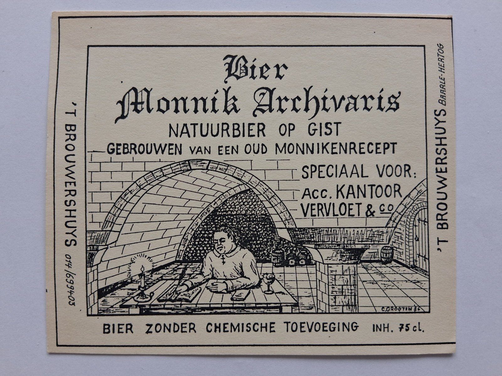 bieretiket 't Brouwershuys Baarle-Hertog : Monnik Archivaris, Verzenden, Zo goed als nieuw, Overige typen, Overige merken