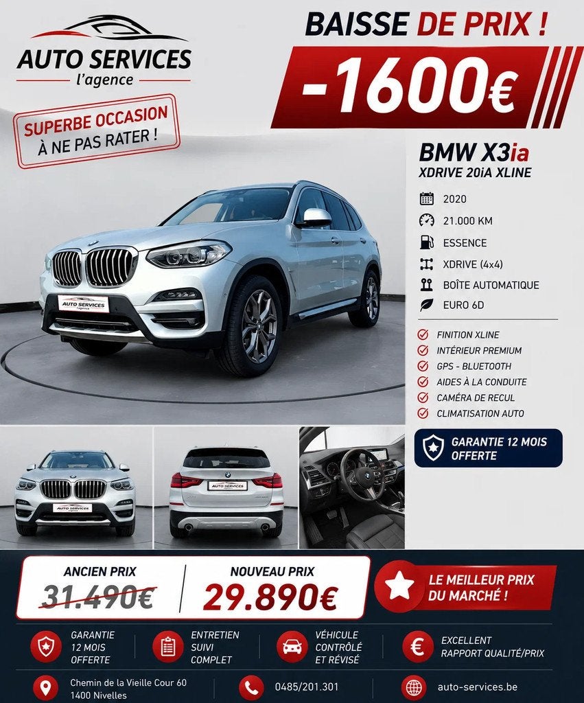 BMW X3 Xdrive 2.0iA X-line !21000km! Garantie 12 mois, Autos, Cuir, Argent ou Gris, Achat, 135 kW