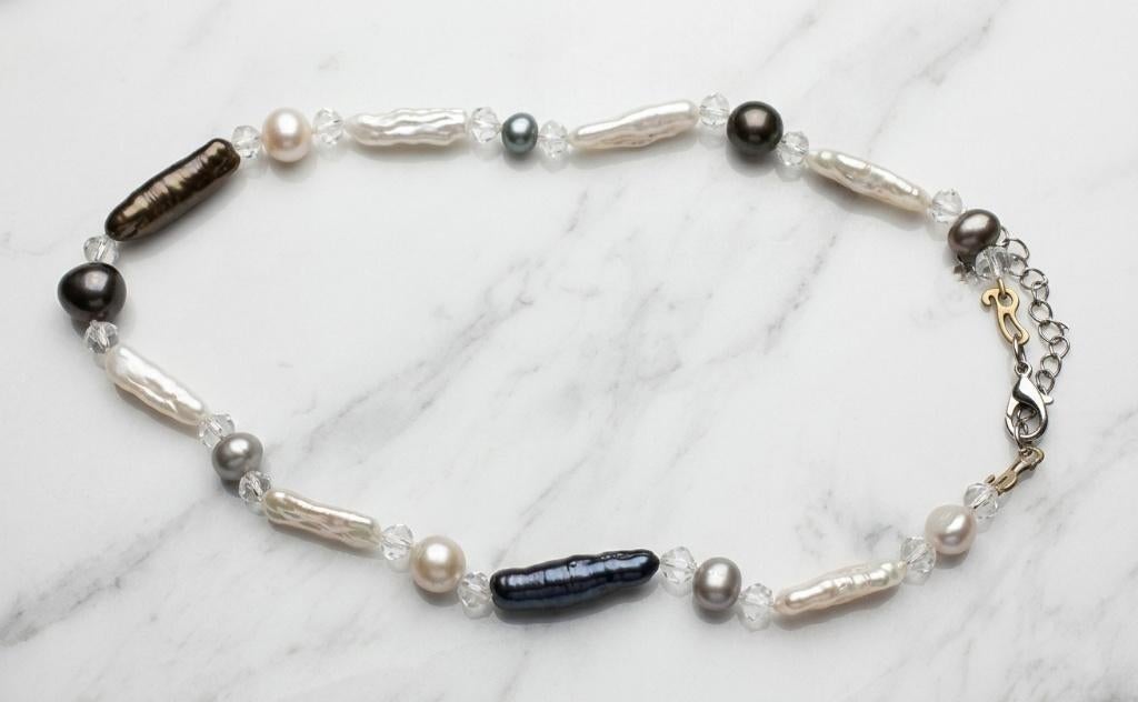 Ketting zoetwaterparel en bergkristal 36 cm verstelbaar, Handtassen en Accessoires, Kettingen, Nieuw, Steen of Mineraal, Wit, Met edelsteen