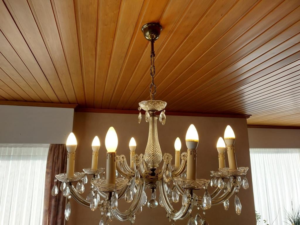Retro luster met 8 armen, Huis en Inrichting, Lampen | Kroonluchters, Ophalen, Gebruikt, Glas, Klassiek