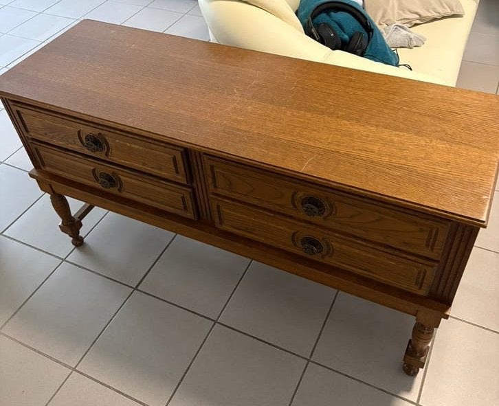 Commode / Meuble Bas Vintage en Chêne Massif – 4 Tiroirs, Maison & Meubles, Enlèvement, Utilisé, Chêne