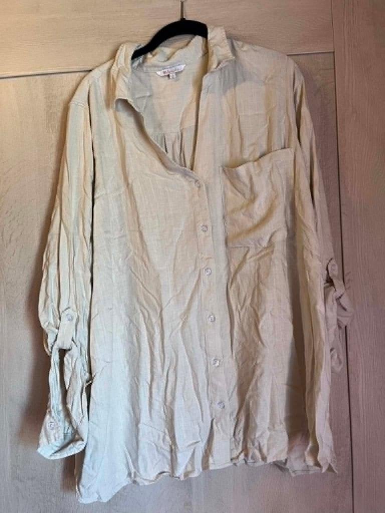 blouse beige creme deel linnen msmode 52 oprolbare mouw ,, Kleding | Dames, Grote Maten, Ophalen of Verzenden, Zo goed als nieuw