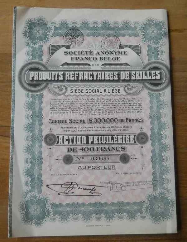Ancien titre boursier Produits réfractaires de Seilles, Enlèvement ou Envoi