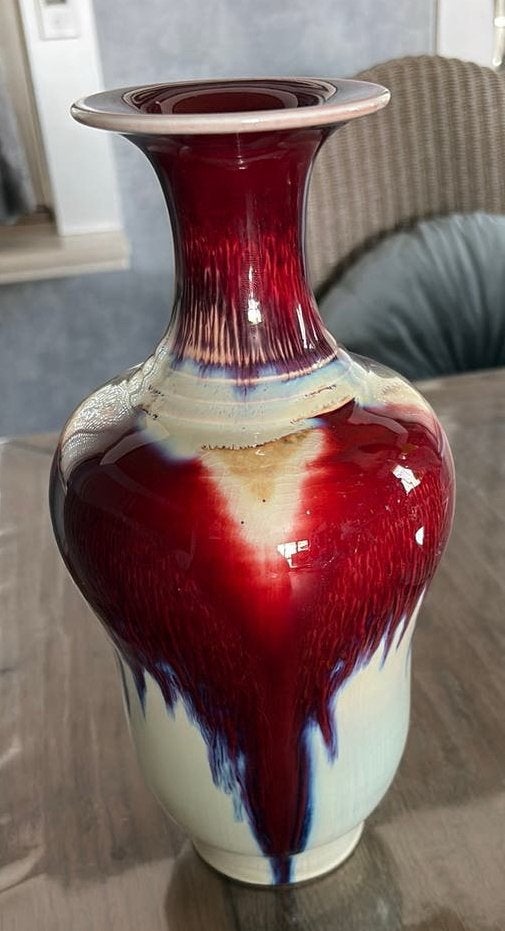 Vase porcelaine glaçure flambée rouge/ivoire — H : 27 cm, Enlèvement ou Envoi