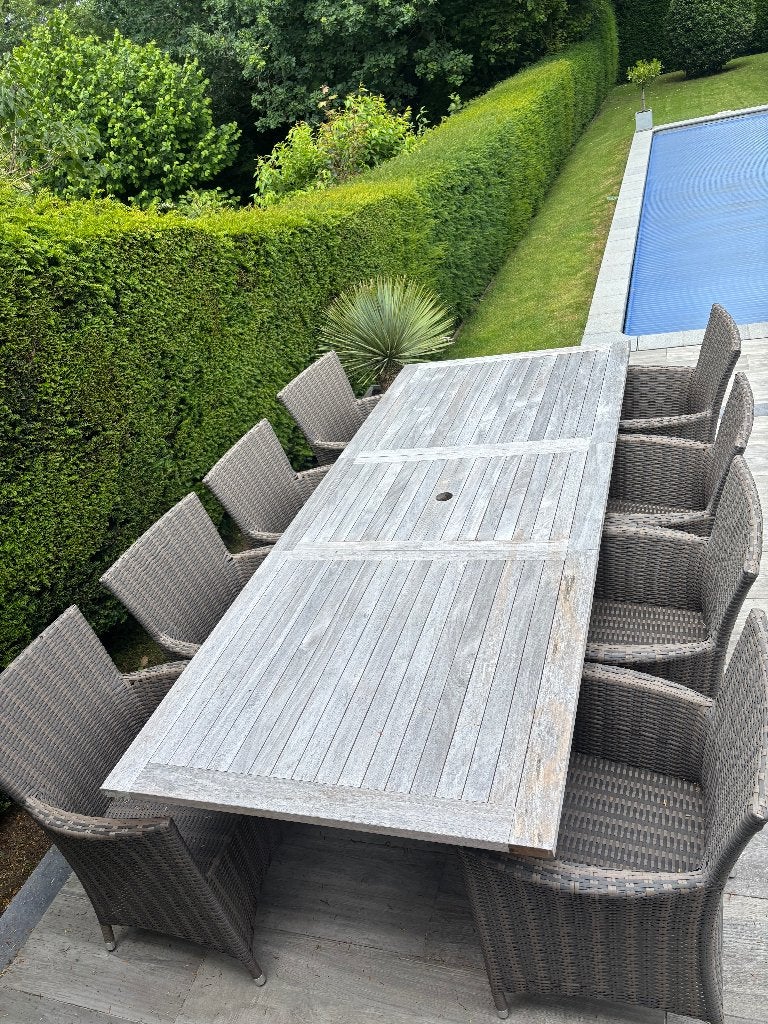 Grande table de jardin + 8 chaise, parasol, Ophalen, Teakhout, Loungeset, Eettafel