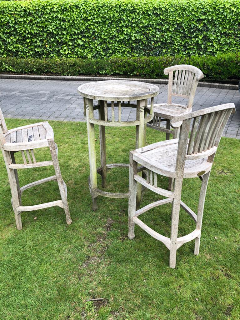 Teakhouten bartafel met 3 krukken., Tuin en Terras, Ophalen, Gebruikt, Teakhout, Tuinset