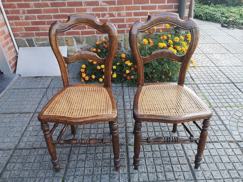 Set van 2 antieke eetkamerstoelen met gecanneerde zitting, Ophalen