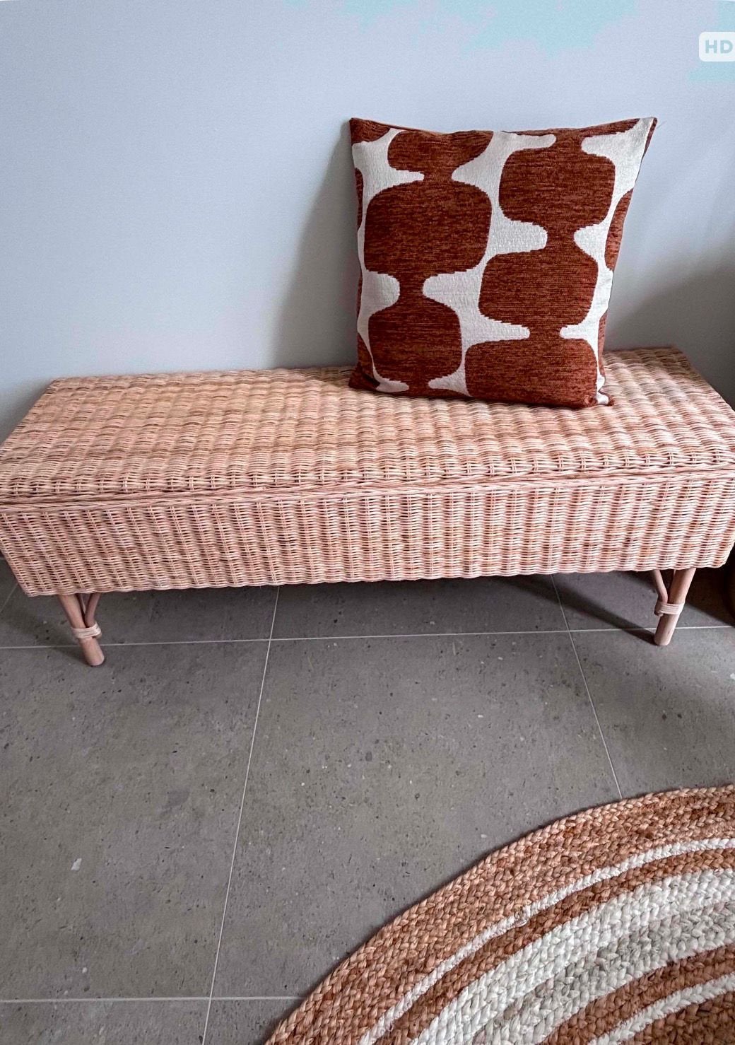 Gevlochten rotan bankje 120 cm op 37 cm hoogte 45 cm, Huis en Inrichting, Ophalen, Zo goed als nieuw