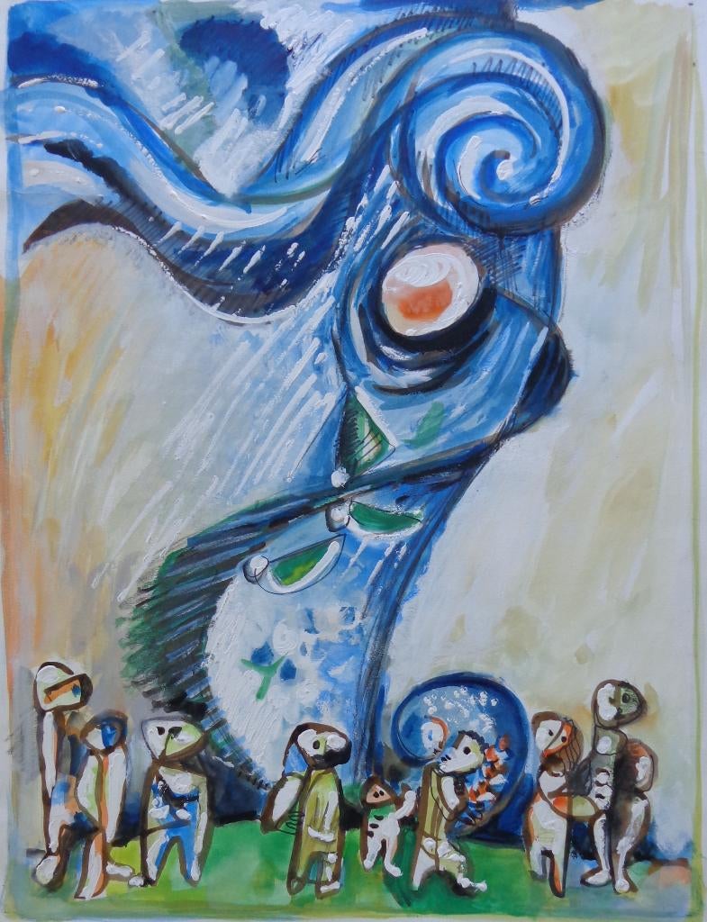 JOEL KASS / FAMILIE / ORIGINEEL WERK / 75x51cm, Antiquités & Art, Art | Dessins & Photographie, Enlèvement ou Envoi, Aquarelle