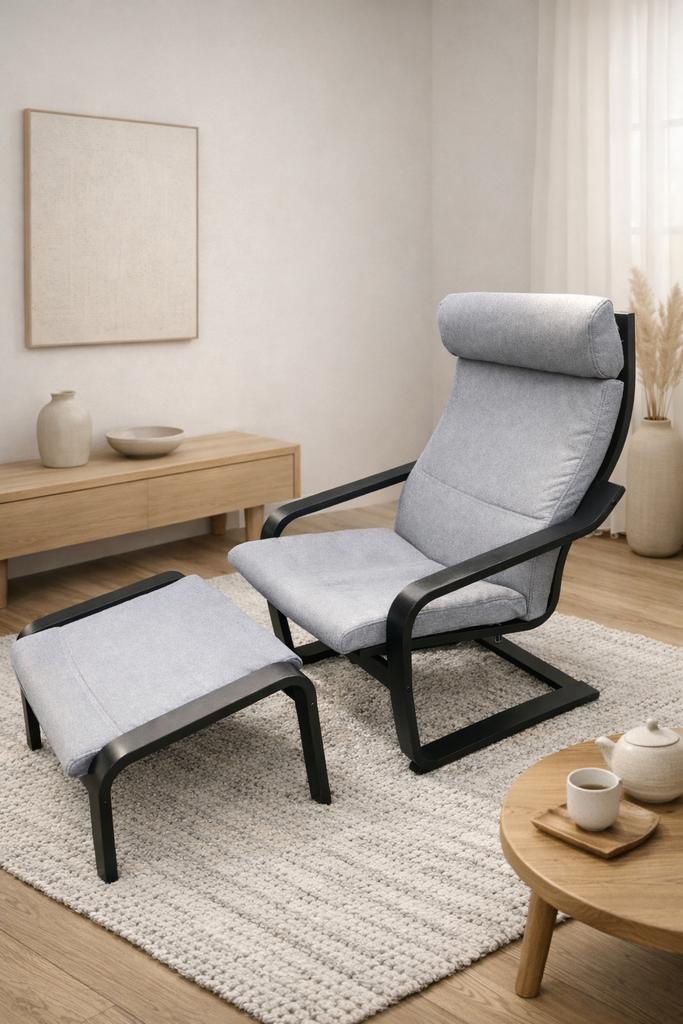 Paong fauteuil + voetenbank Ikea, Ophalen, Gebruikt, Hout