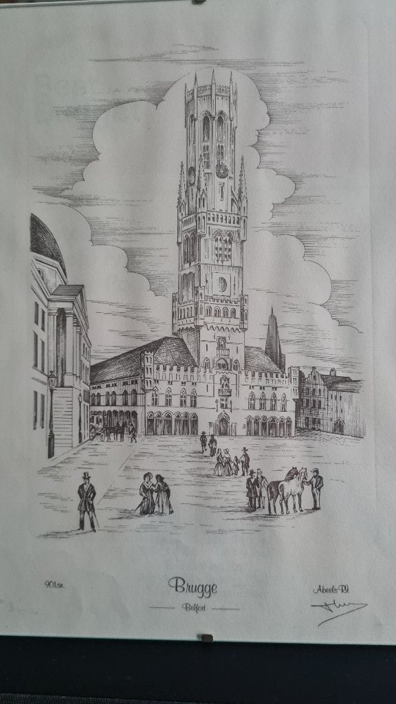 brugge belfort Gustave Abeels, Antiek en Kunst, Ophalen, Tekening, Pentekening, Achter glas