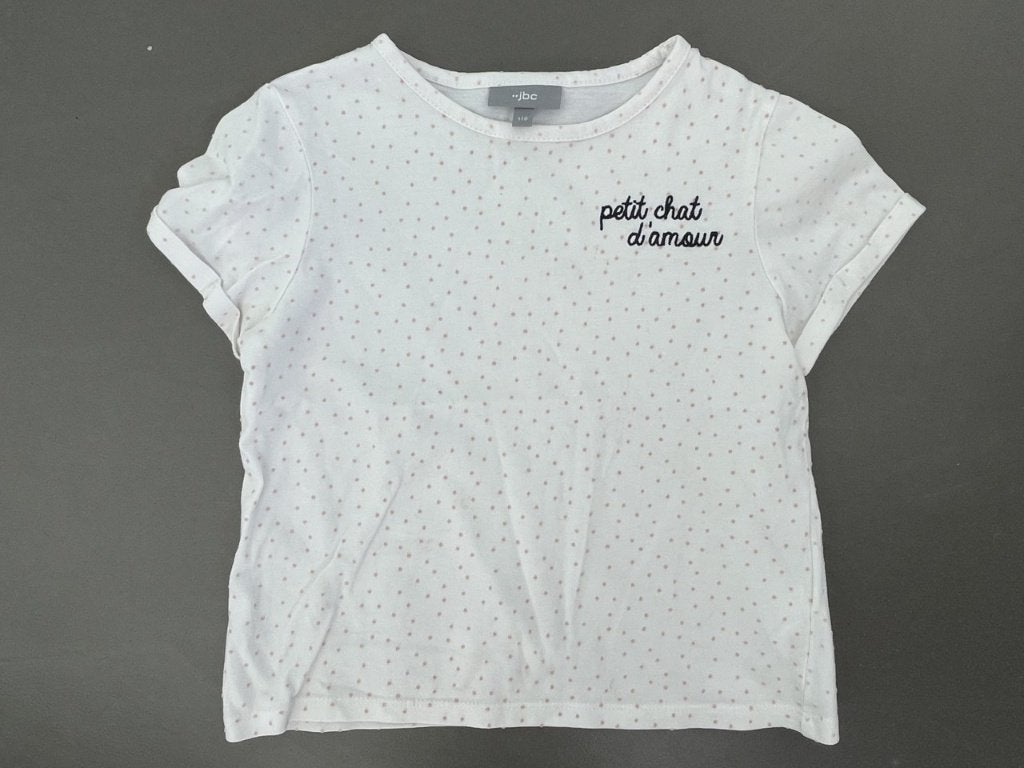 Witte t-shirt met fijne roze fluwelen bolletjes maat 116, Kinderen en Baby's, Kinderkleding | Maat 116, Meisje, Ophalen of Verzenden