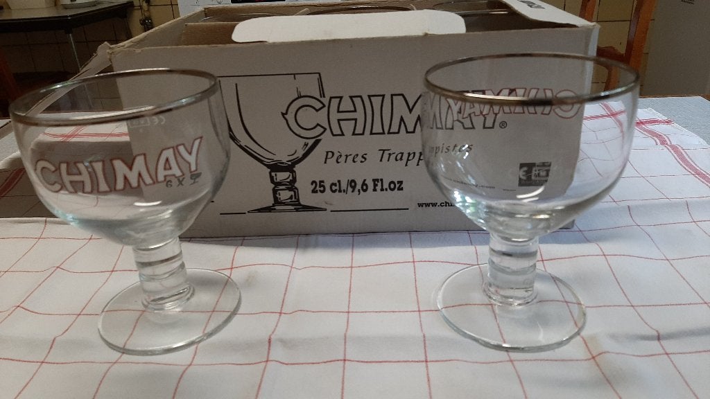 Officiële set van 6 Chimay bierglazen 25 cl, Ophalen, Zo goed als nieuw, Glas of Glazen