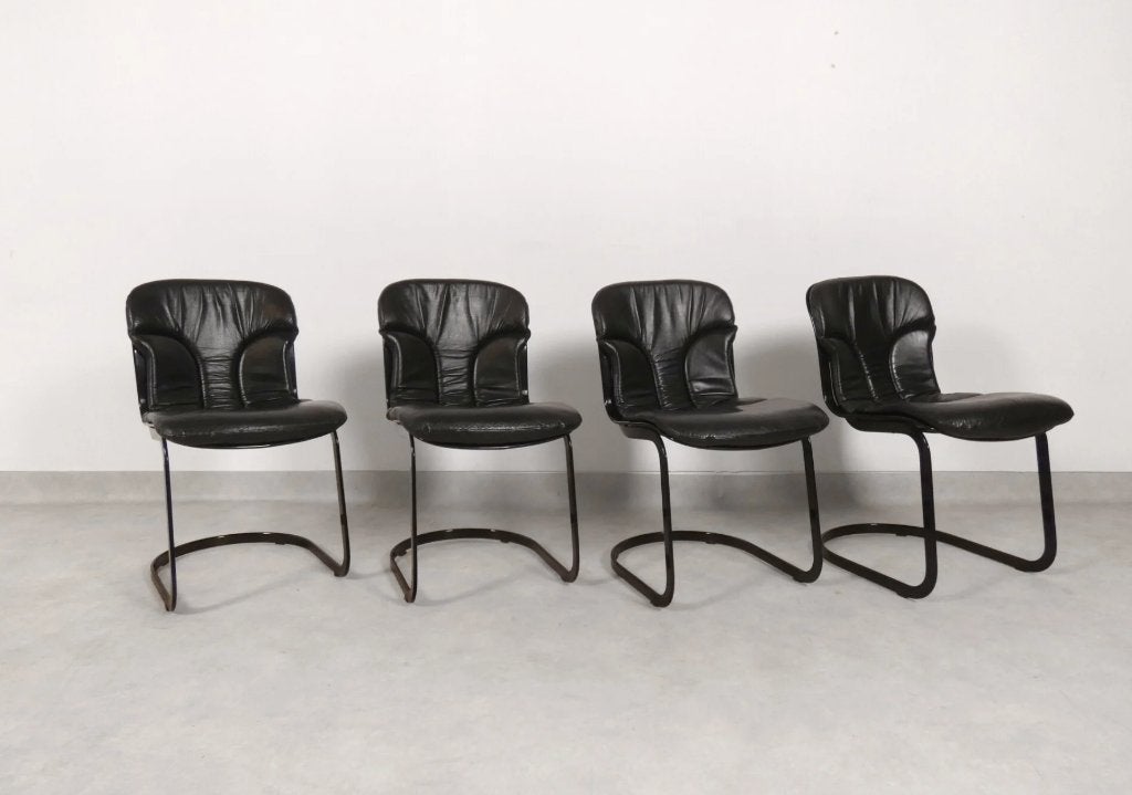 Willy Rizzo - black leather dining chairs - Cidue Italy, Maison & Meubles, Enlèvement ou Envoi, Utilisé, Cuir, Quatre