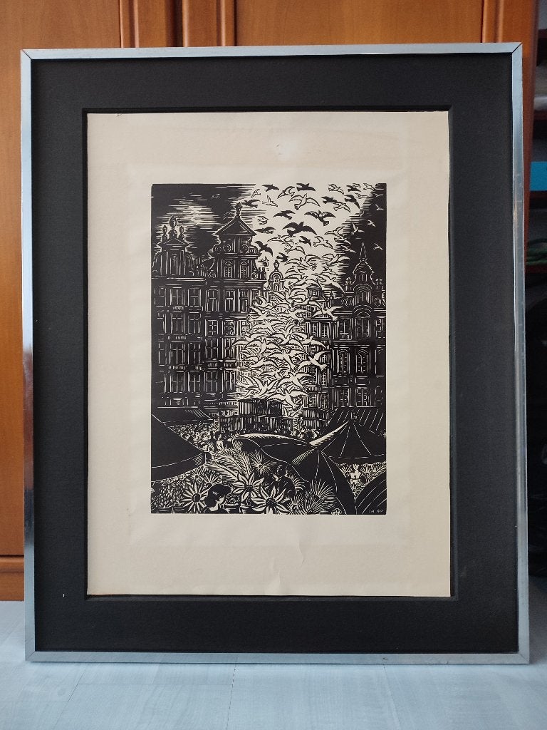 Bruxelles Grand'Place de Frans MASEREEL sous cadre en verre, Ingelijst, Ophalen