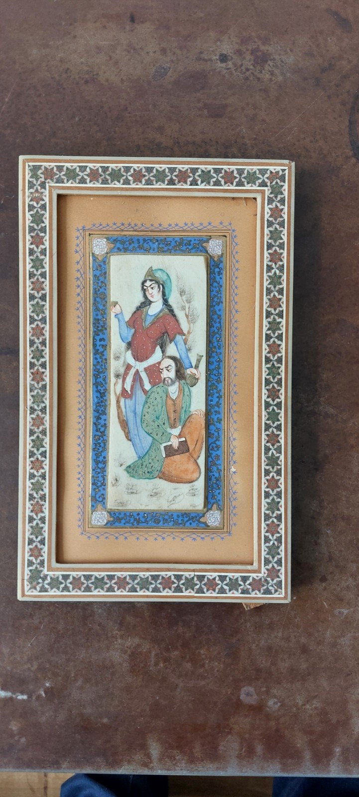 Peinture miniature persane authentique sur os, cadre Khatamk, Antiquités & Art, Enlèvement ou Envoi