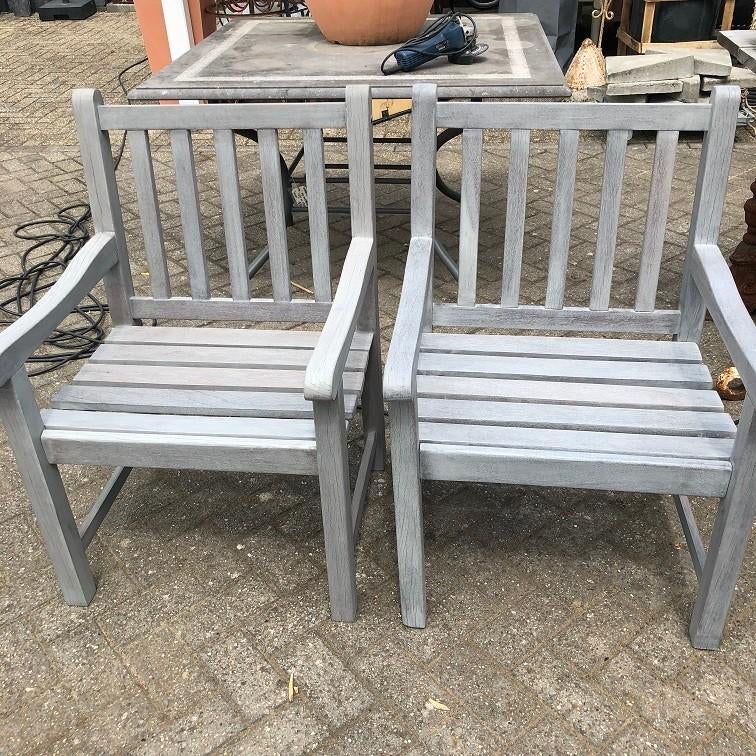 2 oude zware teak armstoelen gerestaureerd tuinstoel flamant, Enlèvement