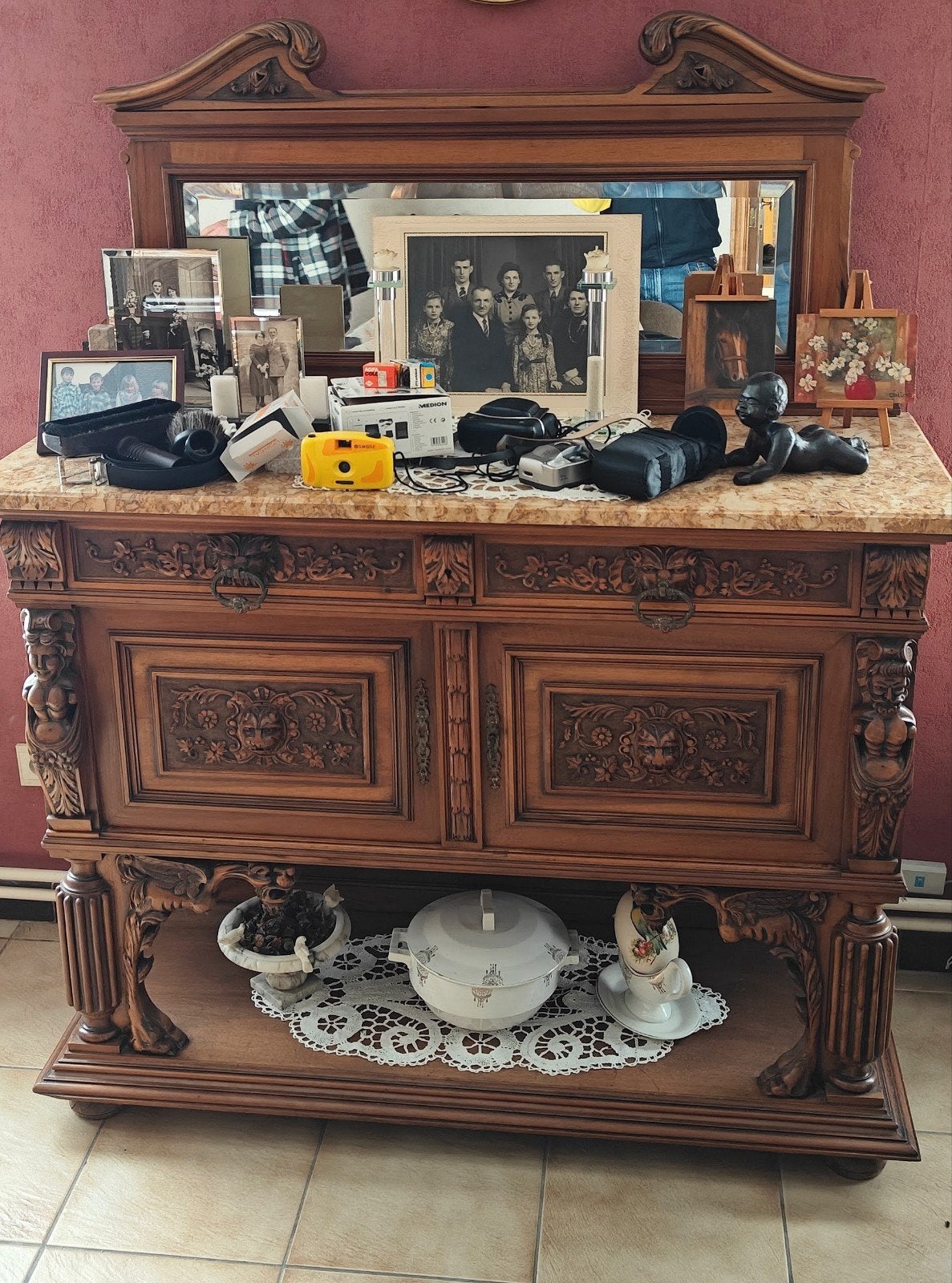 dressoir kast met marmer blad en orginele spiegel, Antiek en Kunst, Ophalen