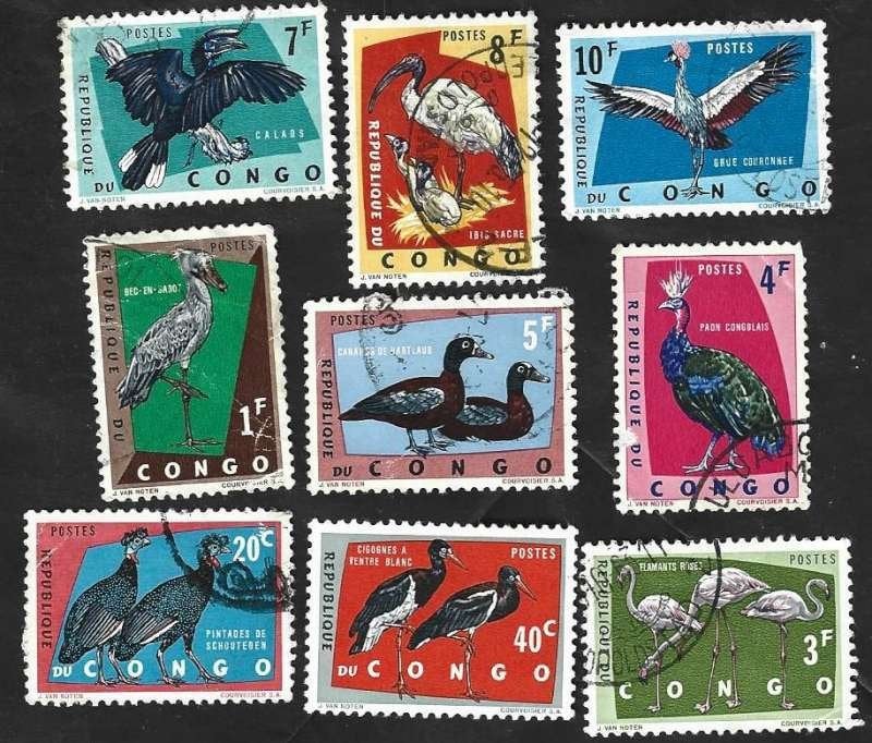 9 postzegels Congo 1963 Beschermde vogels, Postzegels en Munten, Ophalen of Verzenden, Overige landen, Gestempeld