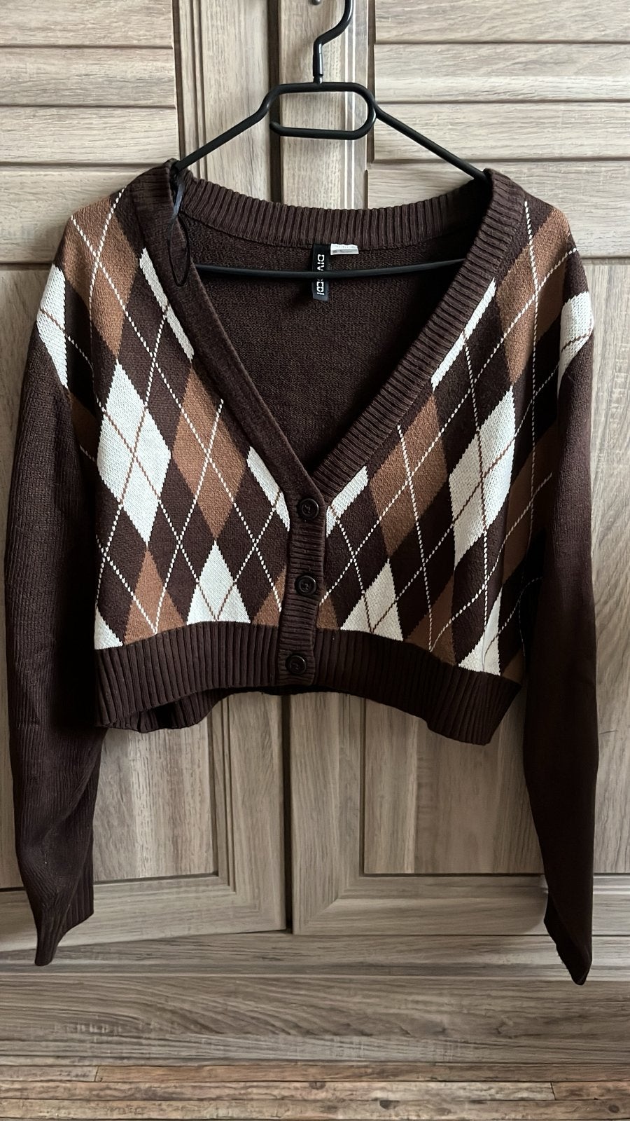 H&M Divided argyle cardigan /vestje – bruin/beige – maat L, Kleding | Dames, Verzenden, Zo goed als nieuw, Beige