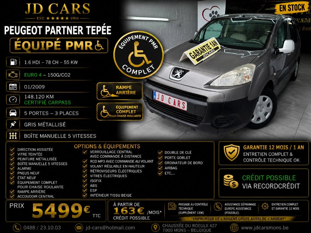 PEUGEOT PARTNER TEPEE ‼️EQUIPEMENT PMR‼️ GARANTIE 1 AN CTOK, Voorwielaandrijving, Dealer onderhouden, Beige, 4 cilinders