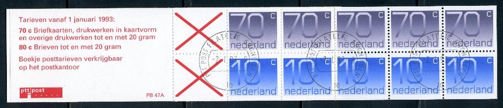 PAYS-BAS PB47a estampillé 1993 - Numéro du carnet de timbres, Envoi, Après 1940, Affranchi