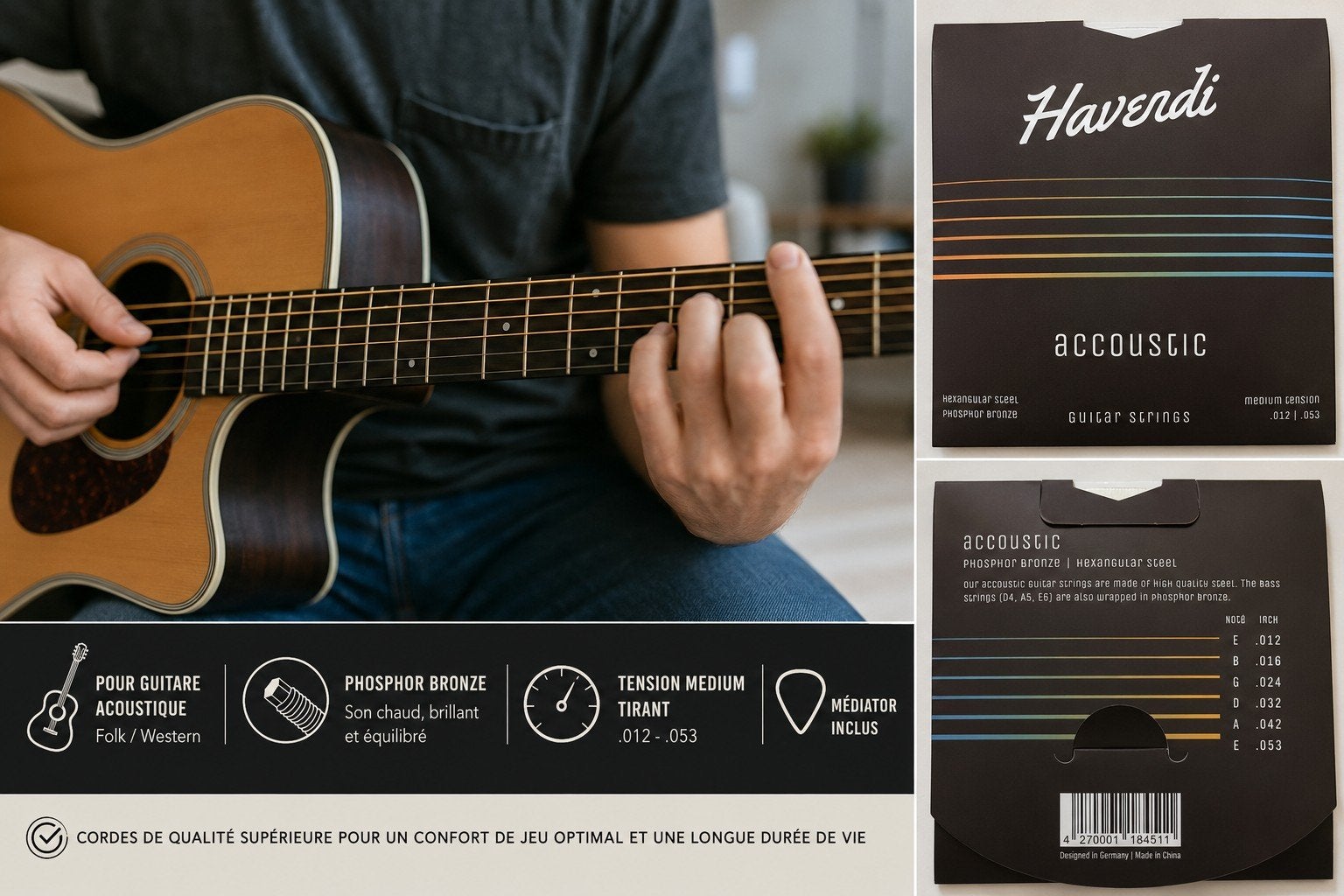 CORDES POUR GUITARE ACOUSTIQUE / FOLK – HAVENDI – NEUVES, Neuf, Guitare Western ou Guitare Folk