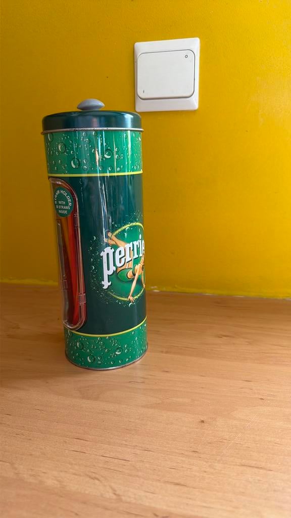 Perrier metalen dispenserdoos met rietje,, Ophalen of Verzenden, Zo goed als nieuw