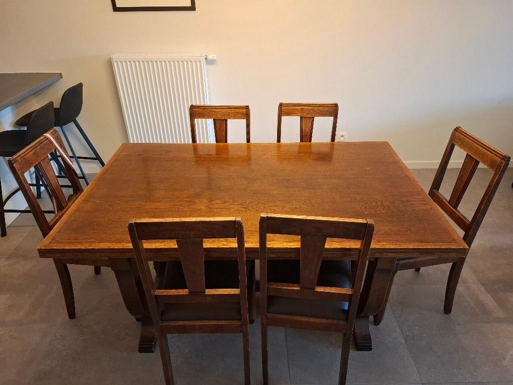 Uitschuifbare art deco eettafel + stoelen, Huis en Inrichting, Tafels | Eettafels, Ophalen, Gebruikt, Art deco, 50 tot 100 cm