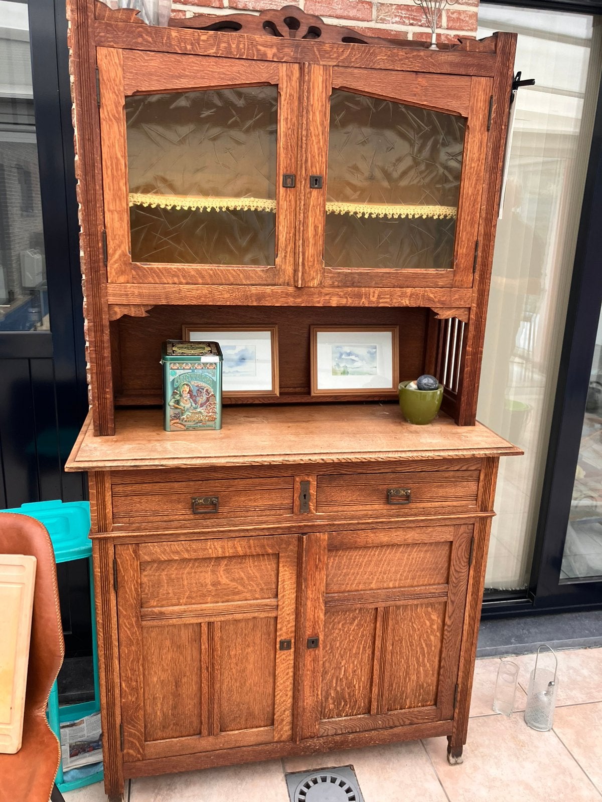 Prachtige antieke eikenhouten buffetkast / servieskast, Enlèvement, Comme neuf, Verre