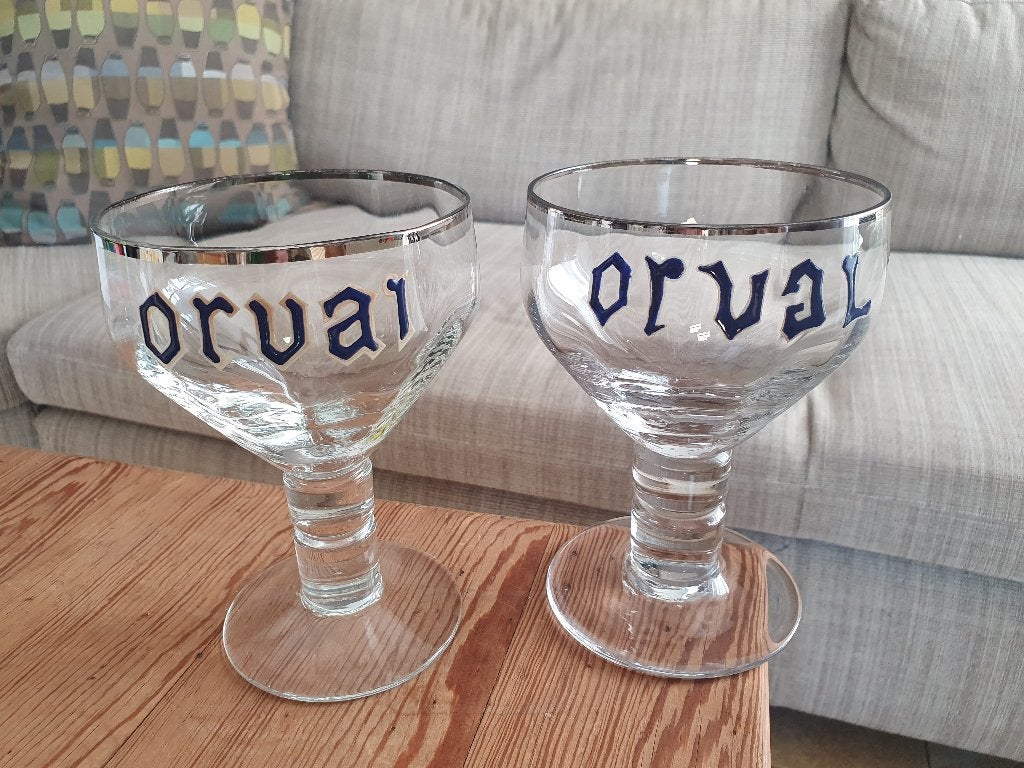 2 oude geëmailleerde Orval-glazen, Ophalen of Verzenden, Gebruikt, Glas of Glazen, Overige merken