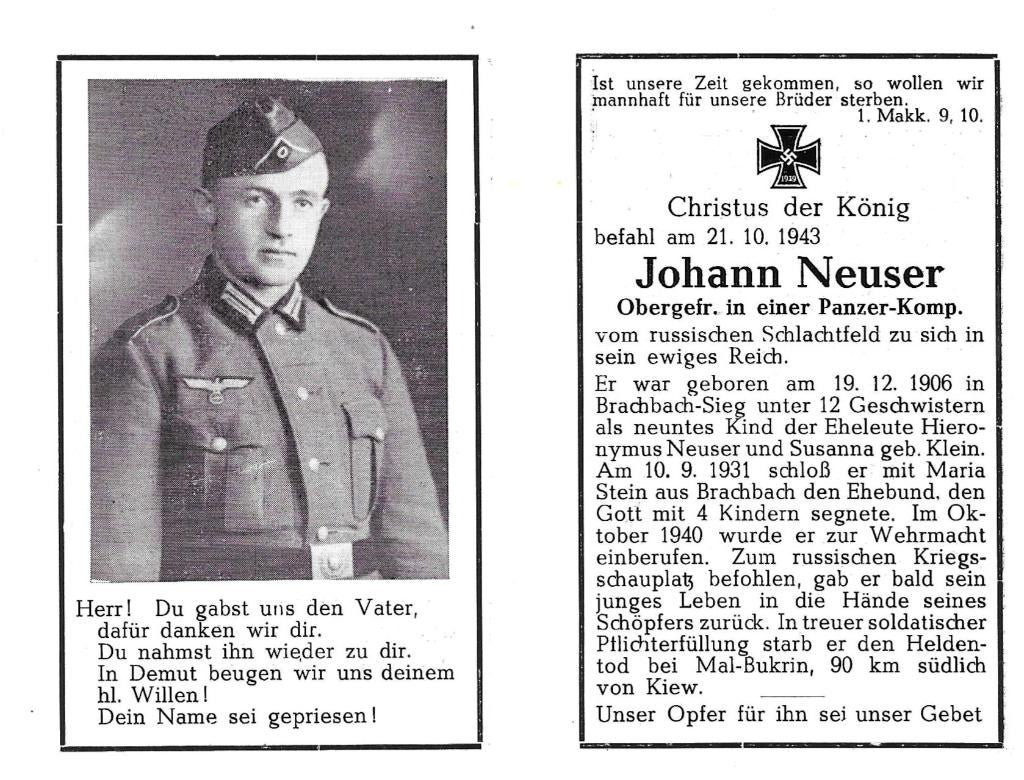 RP Obergefr Johann Neuser KIA Mal-Bukrin (Kiew) 21/101943, Ophalen of Verzenden